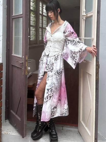QUORRA S CHORD Pink Leopard Print Kimono Shawl Collar Loose Three Piece Women&