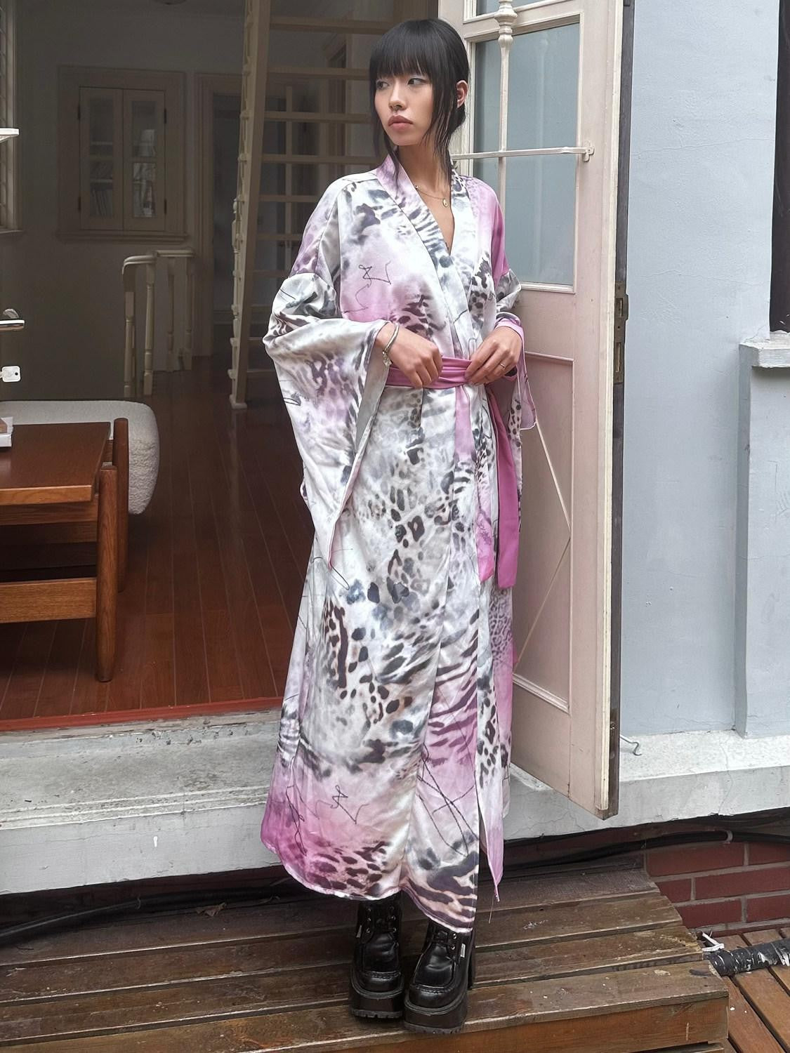 QUORRA S CHORD Pink Leopard Print Kimono Shawl Collar Loose Three Piece Women&