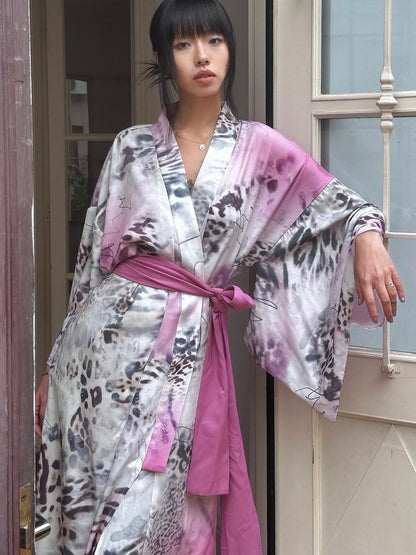 QUORRA S CHORD Pink Leopard Print Kimono Shawl Collar Loose Three Piece Women&