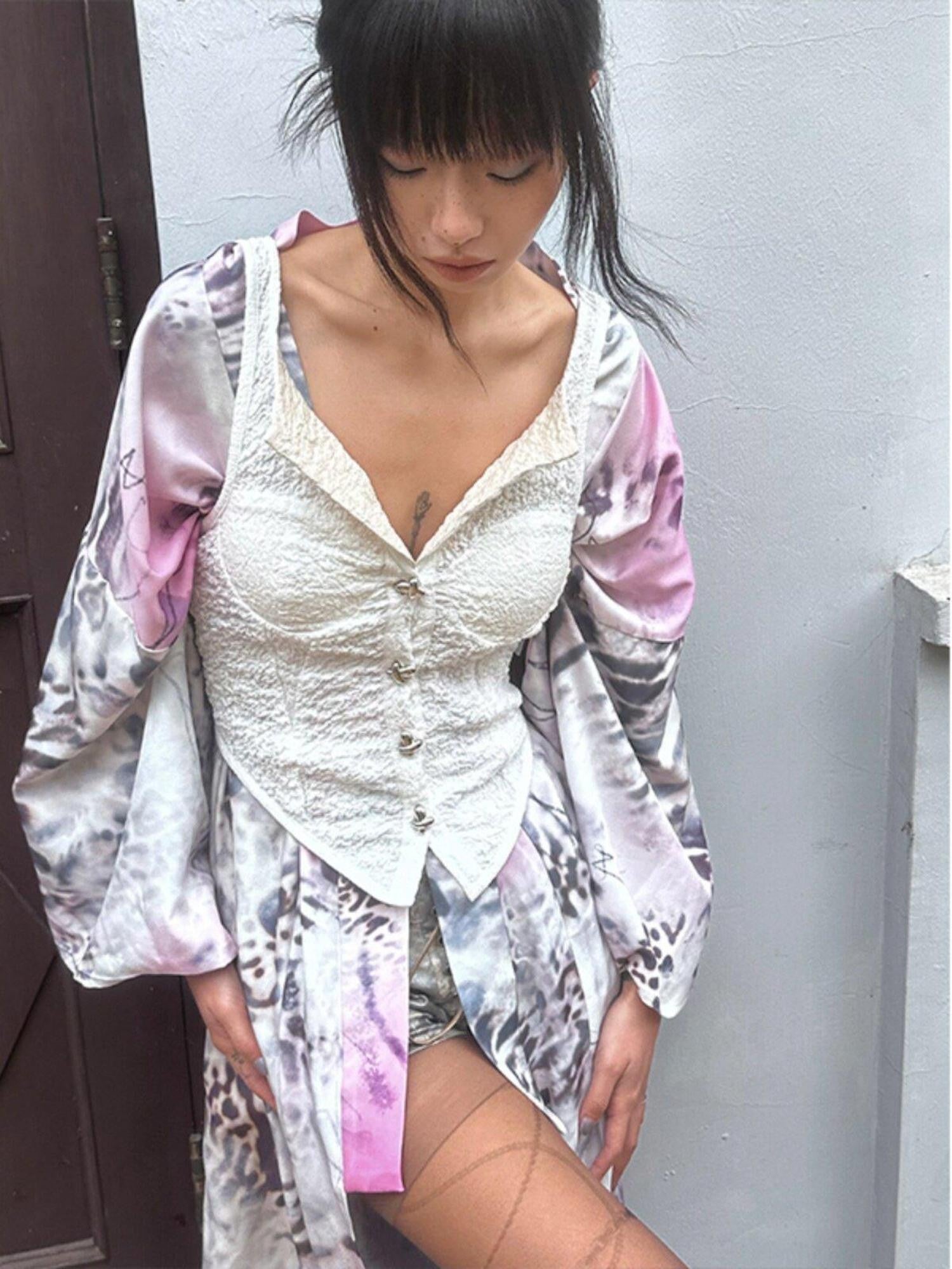 QUORRA S CHORD Pink Leopard Print Kimono Shawl Collar Loose Three Piece Women&