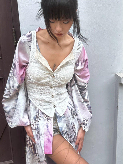 QUORRA S CHORD Pink Leopard Print Kimono Shawl Collar Loose Three Piece Women&