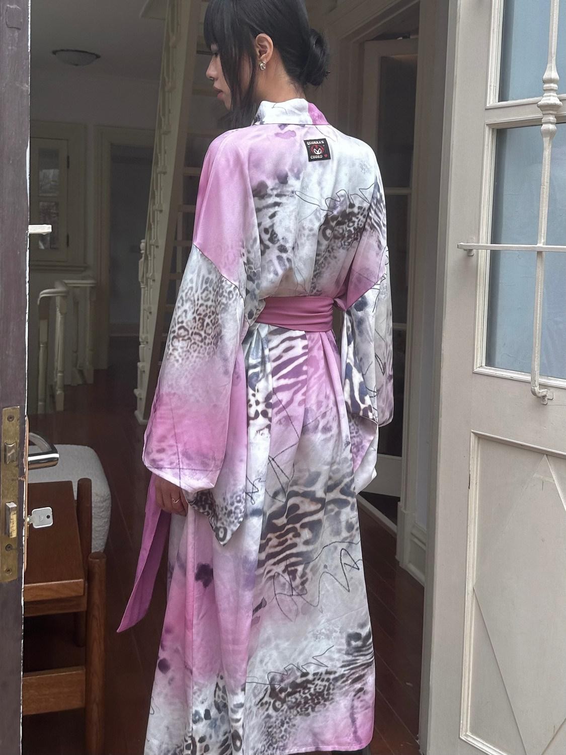 QUORRA S CHORD Pink Leopard Print Kimono Shawl Collar Loose Three Piece Women&