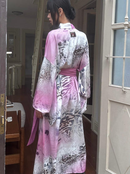QUORRA S CHORD Pink Leopard Print Kimono Shawl Collar Loose Three Piece Women&