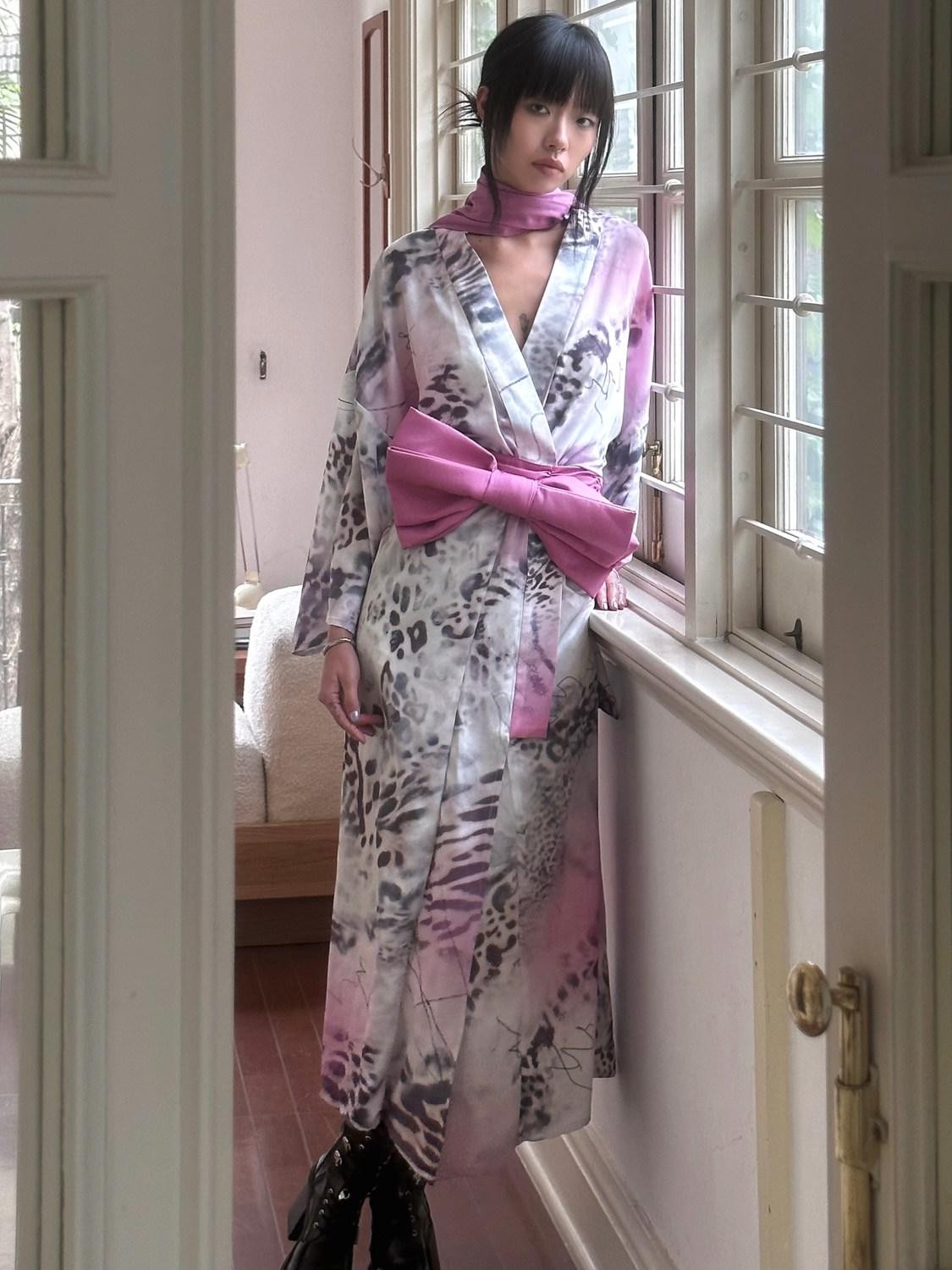 QUORRA S CHORD Pink Leopard Print Kimono Shawl Collar Loose Three Piece Women&