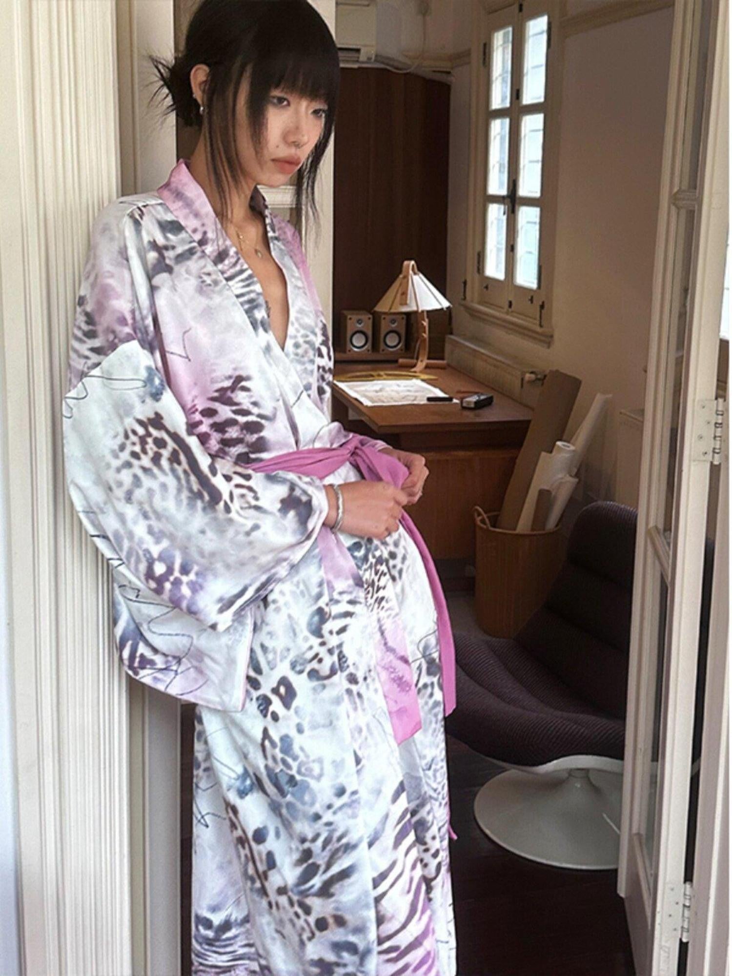 QUORRA S CHORD Pink Leopard Print Kimono Shawl Collar Loose Three Piece Women&