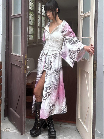 QUORRA S CHORD Pink Leopard Print Kimono Shawl Collar Loose Three Piece Women&