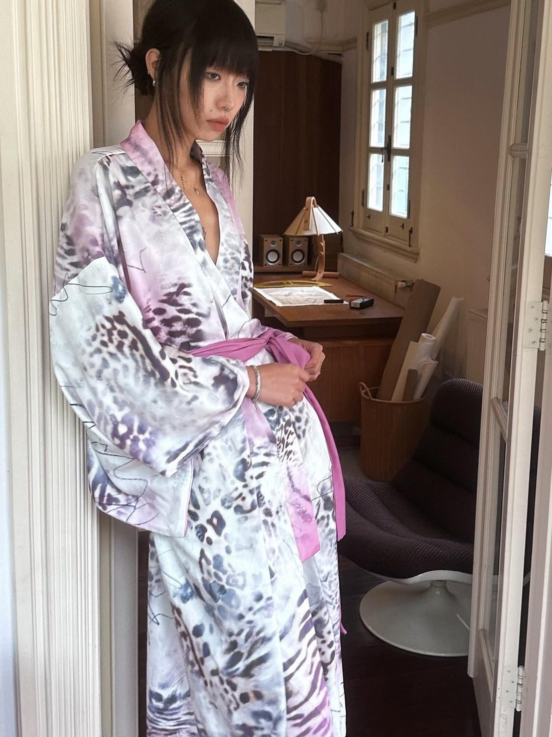 QUORRA S CHORD Pink Leopard Print Kimono Shawl Collar Loose Three Piece Women&