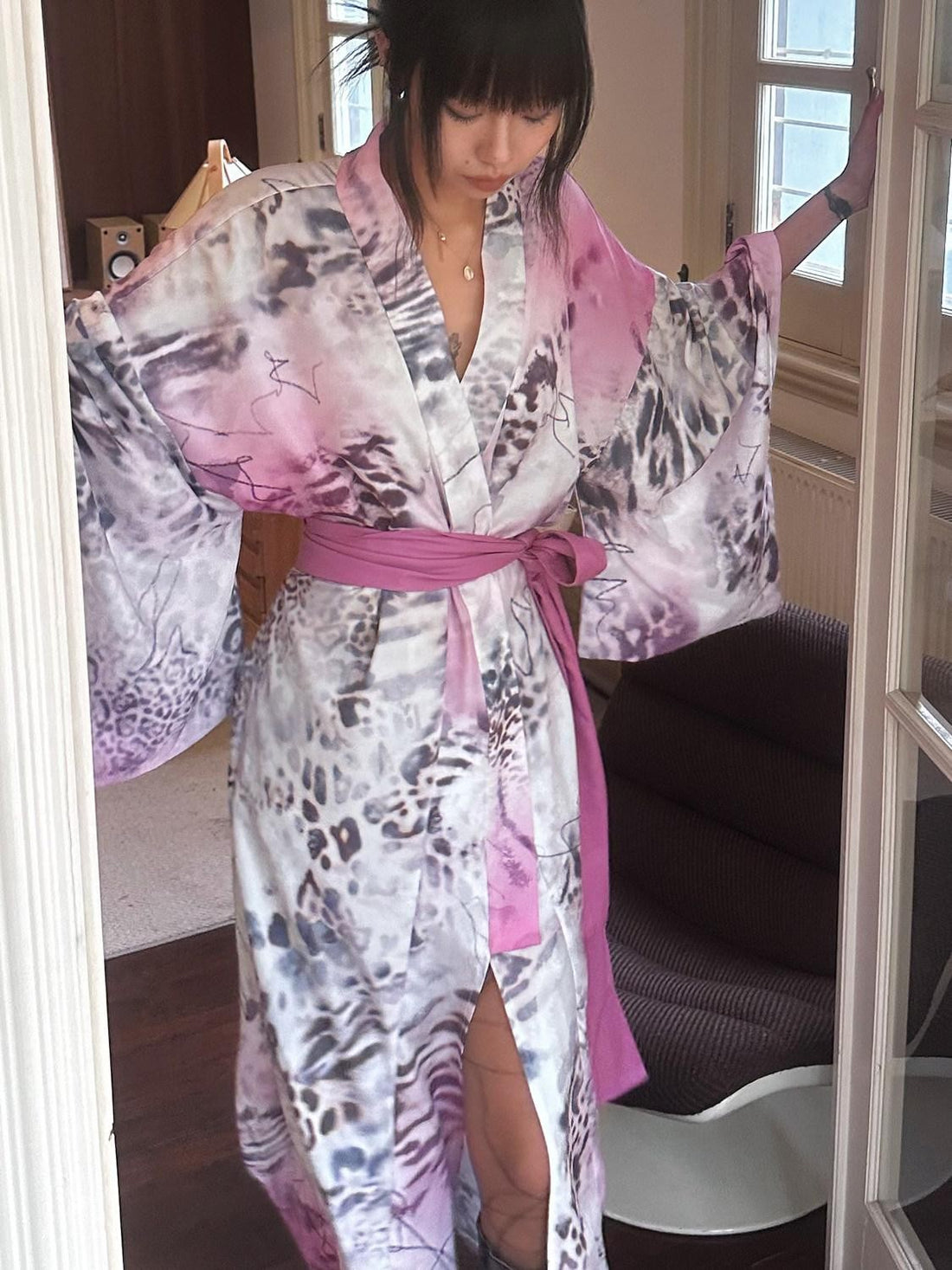 QUORRA S CHORD Pink Leopard Print Kimono Shawl Collar Loose Three Piece Women&