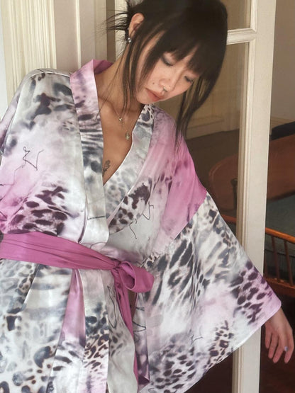 QUORRA S CHORD Pink Leopard Print Kimono Shawl Collar Loose Three Piece Women&