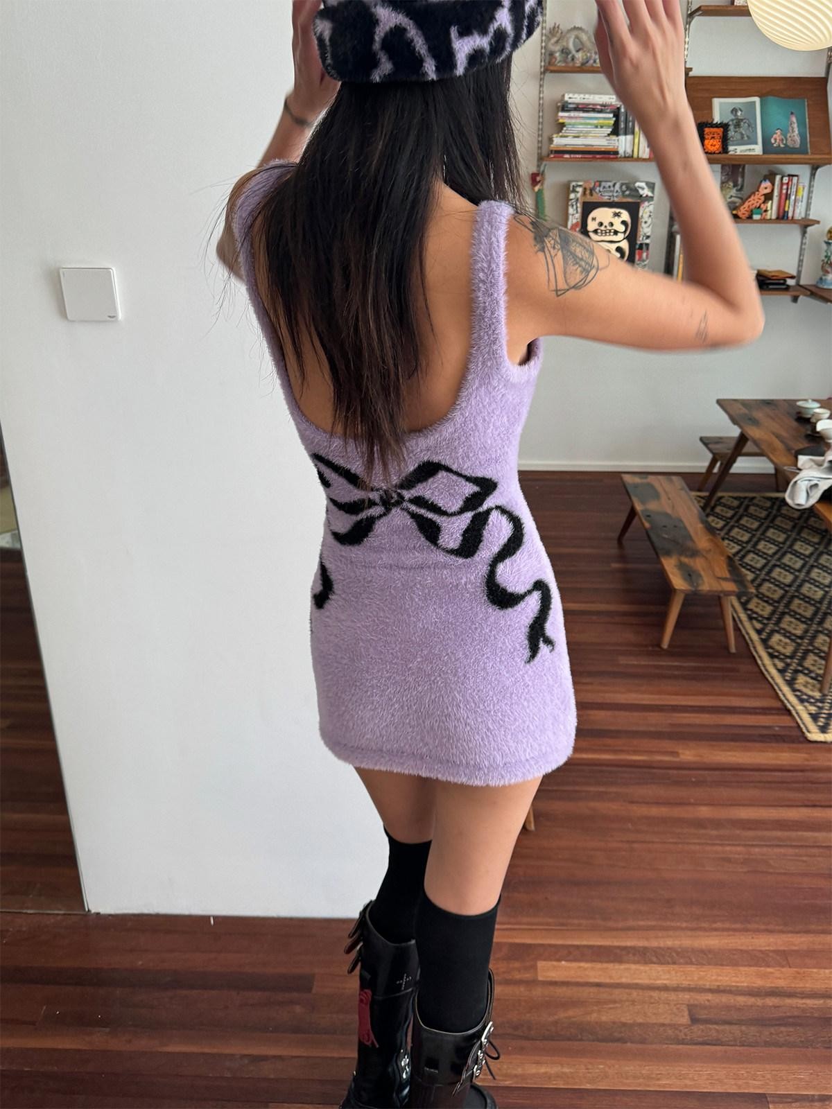 QUORRA S CHORD Pink Purple Small Black Cat Sparkly Bow Backless Women&