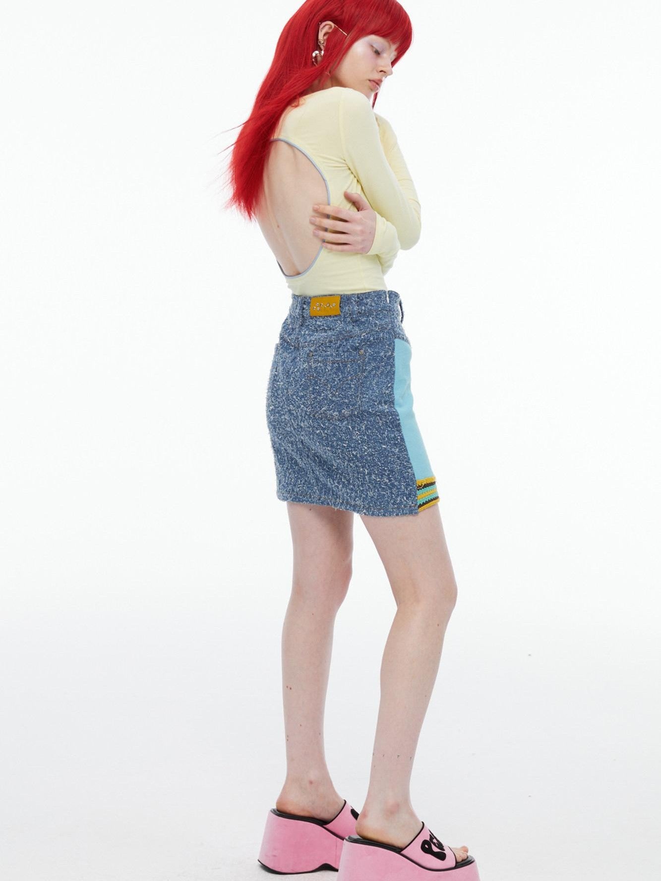 QUORRA S CHORD Pink Rabbit Waffle Check Patch Distressed Denim Women&