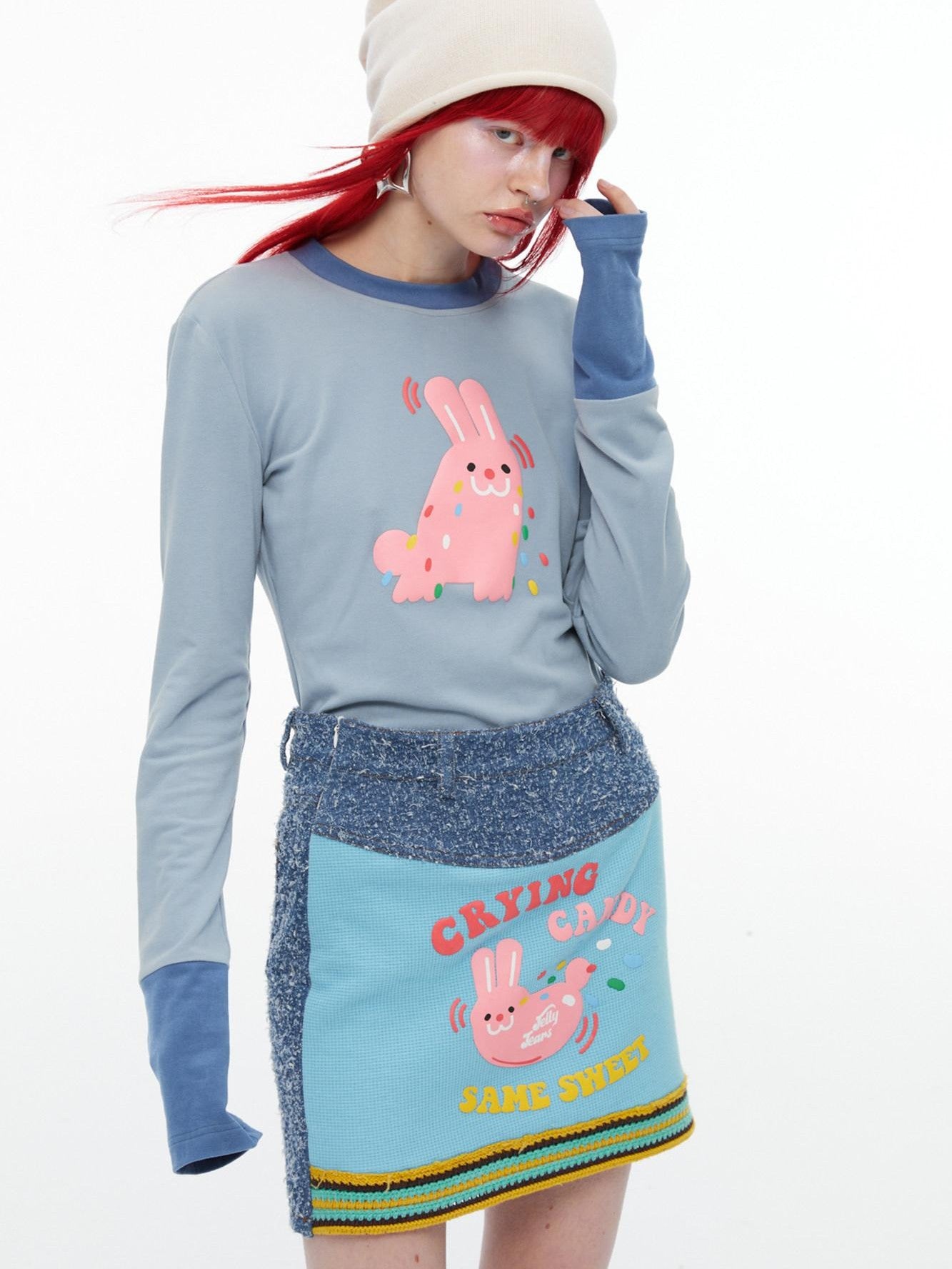 QUORRA S CHORD Pink Rabbit Waffle Check Patch Distressed Denim Women&