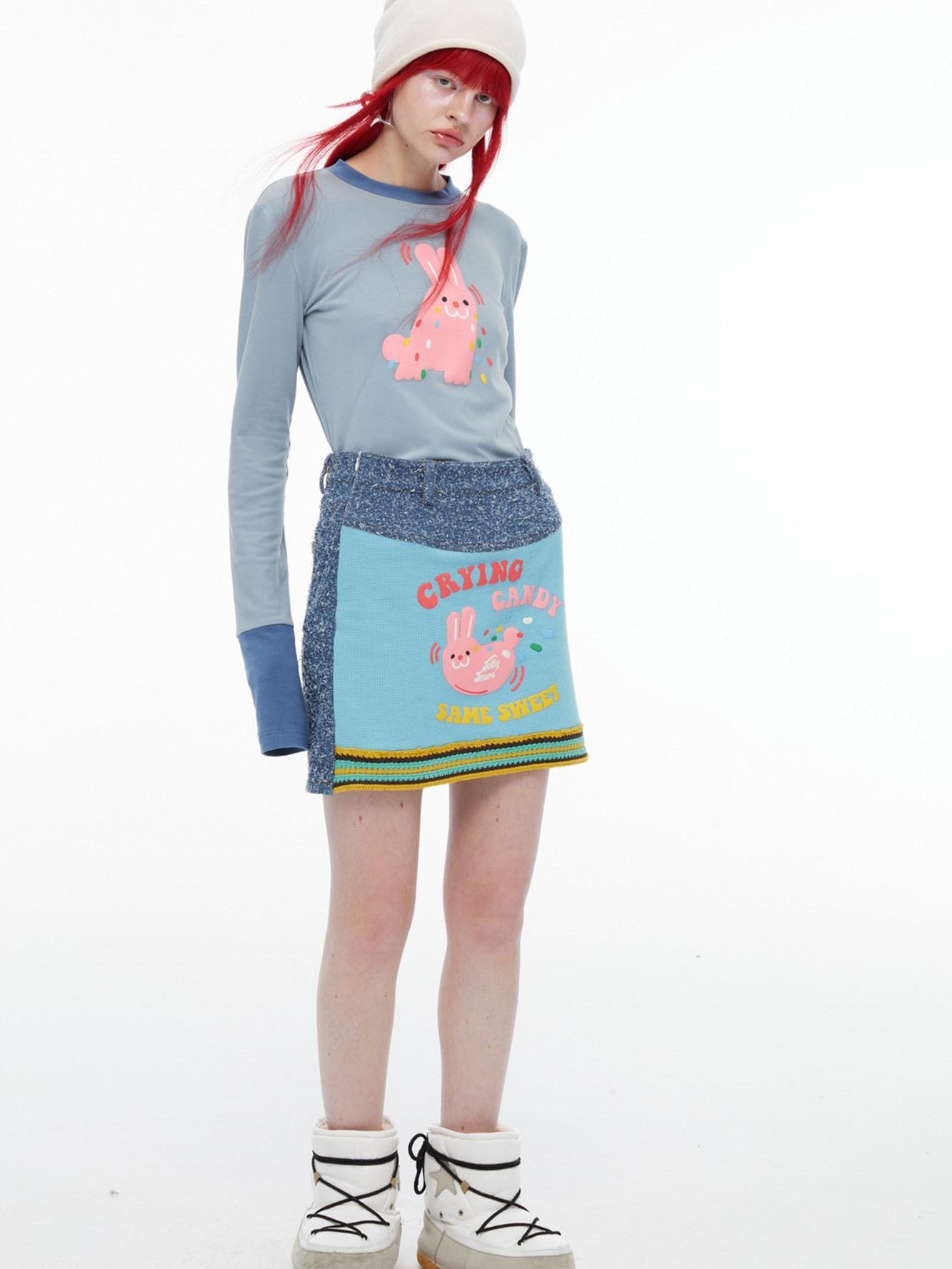 QUORRA S CHORD Pink Rabbit Waffle Check Patch Distressed Denim Women&