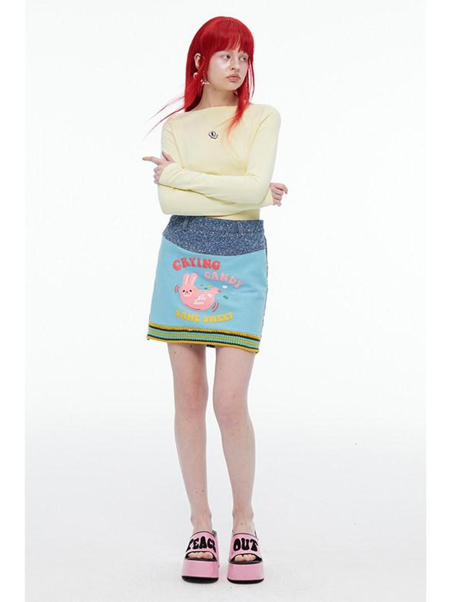 QUORRA S CHORD Pink Rabbit Waffle Check Patch Distressed Denim Women&