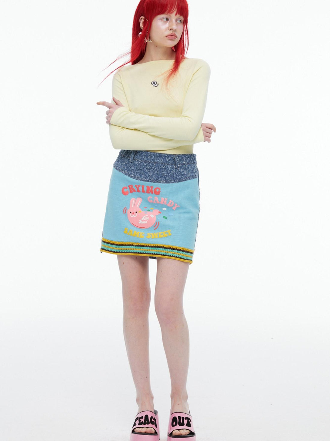 QUORRA S CHORD Pink Rabbit Waffle Check Patch Distressed Denim Women&