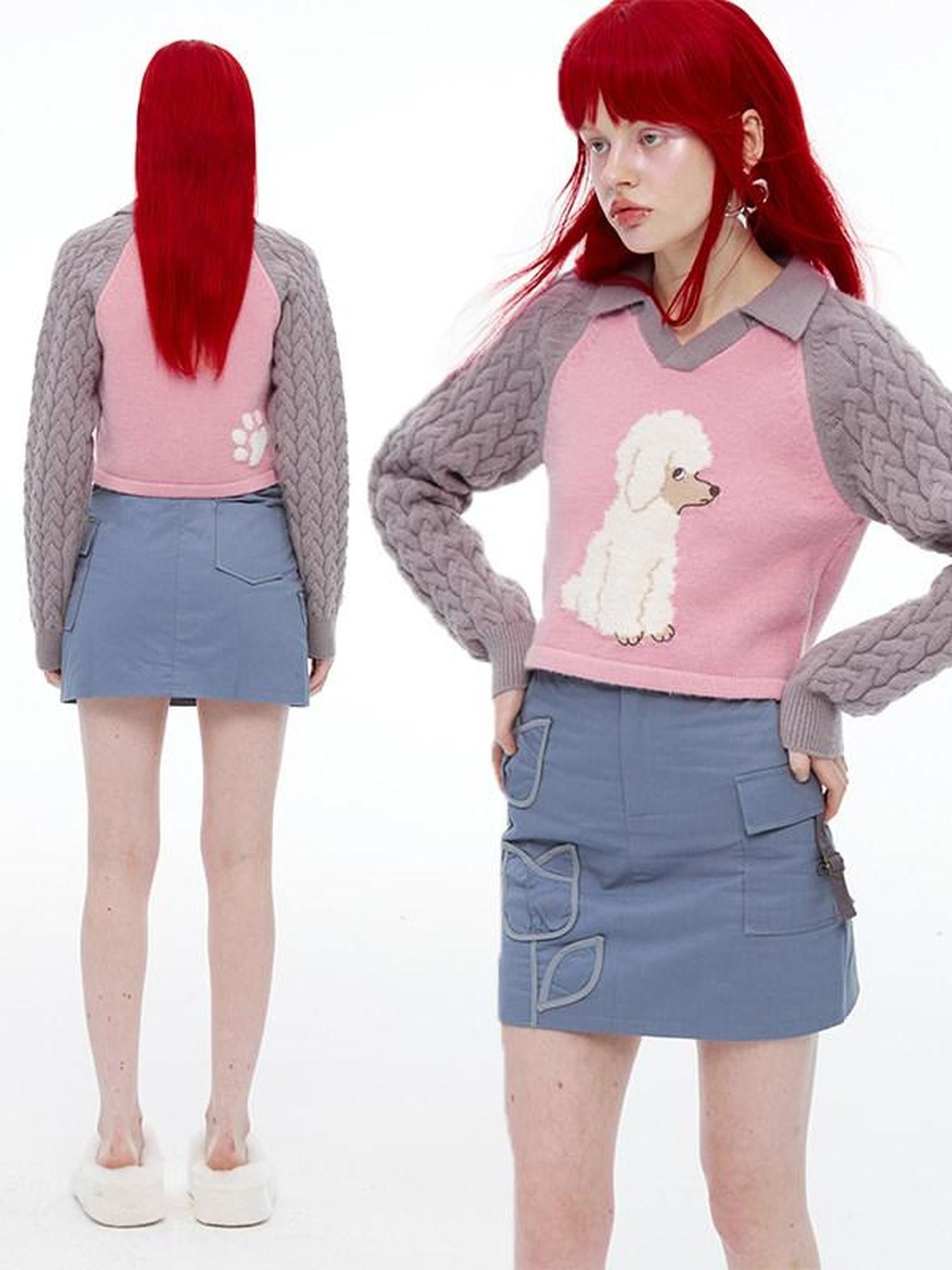 QUORRA S CHORD Pink Ribbed Raglan High Waist White Eyed Poodle Graphic Women&
