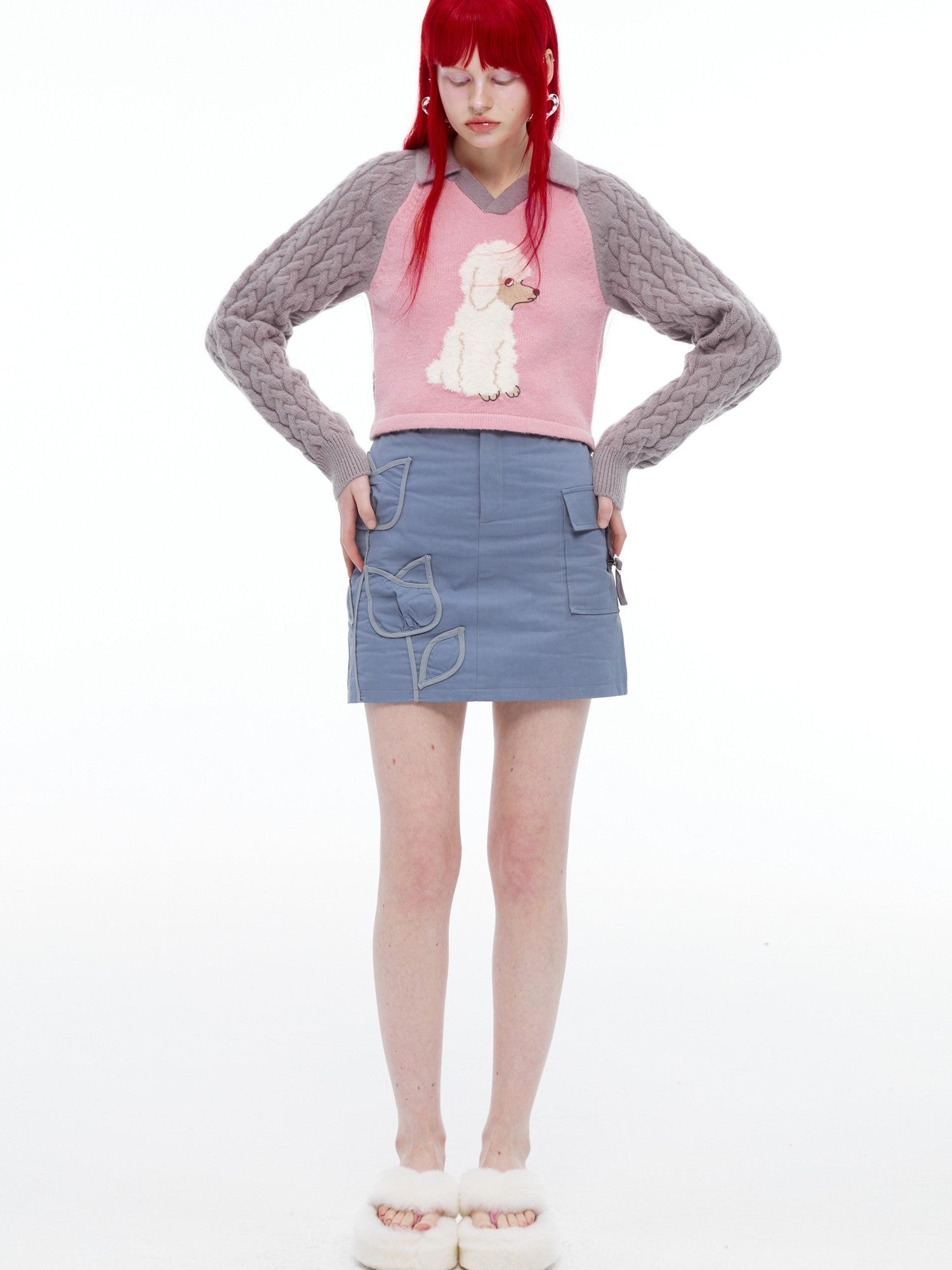 QUORRA S CHORD Pink Ribbed Raglan High Waist White Eyed Poodle Graphic Women&