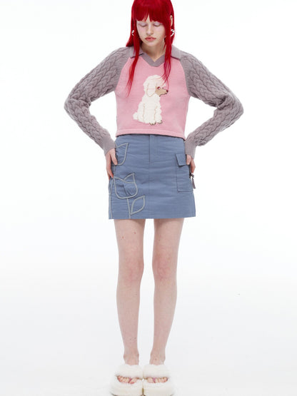 QUORRA S CHORD Pink Ribbed Raglan High Waist White Eyed Poodle Graphic Women&