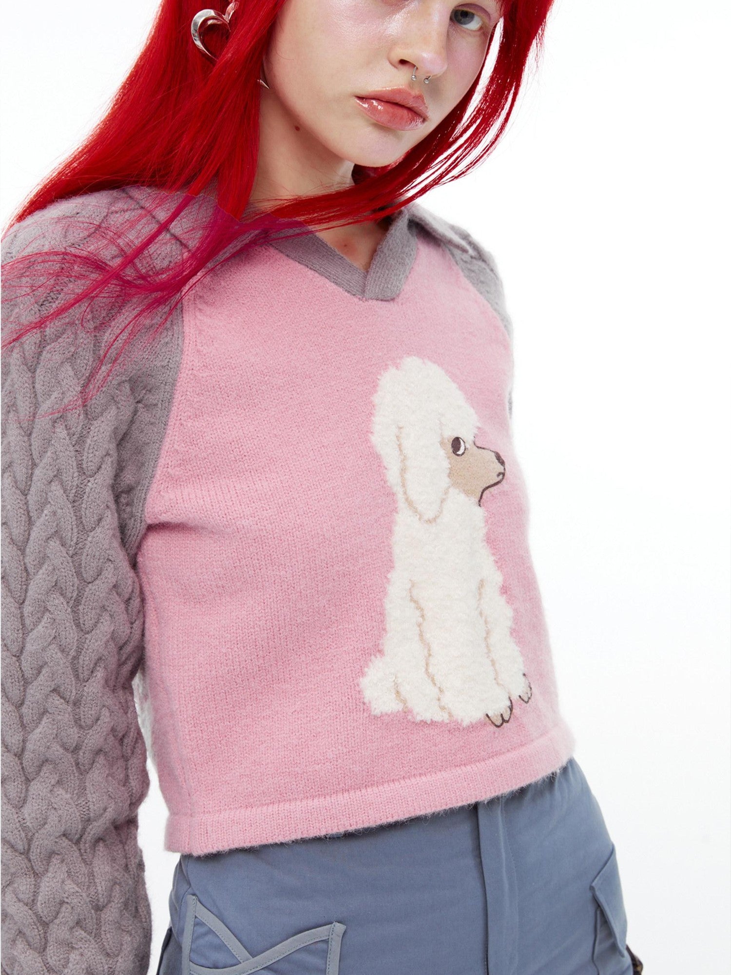 QUORRA S CHORD Pink Ribbed Raglan High Waist White Eyed Poodle Graphic Women&