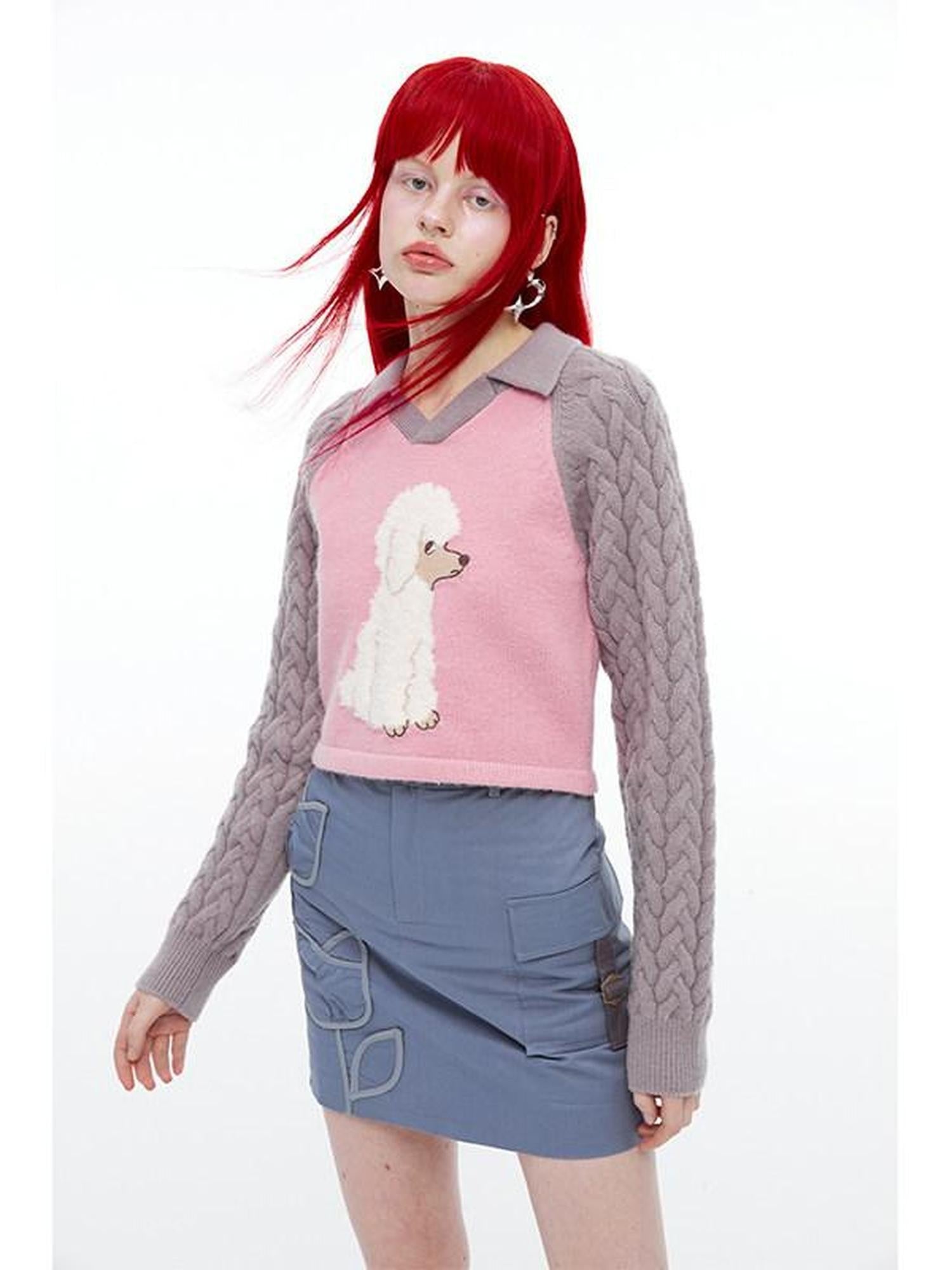 QUORRA S CHORD Pink Ribbed Raglan High Waist White Eyed Poodle Graphic Women&