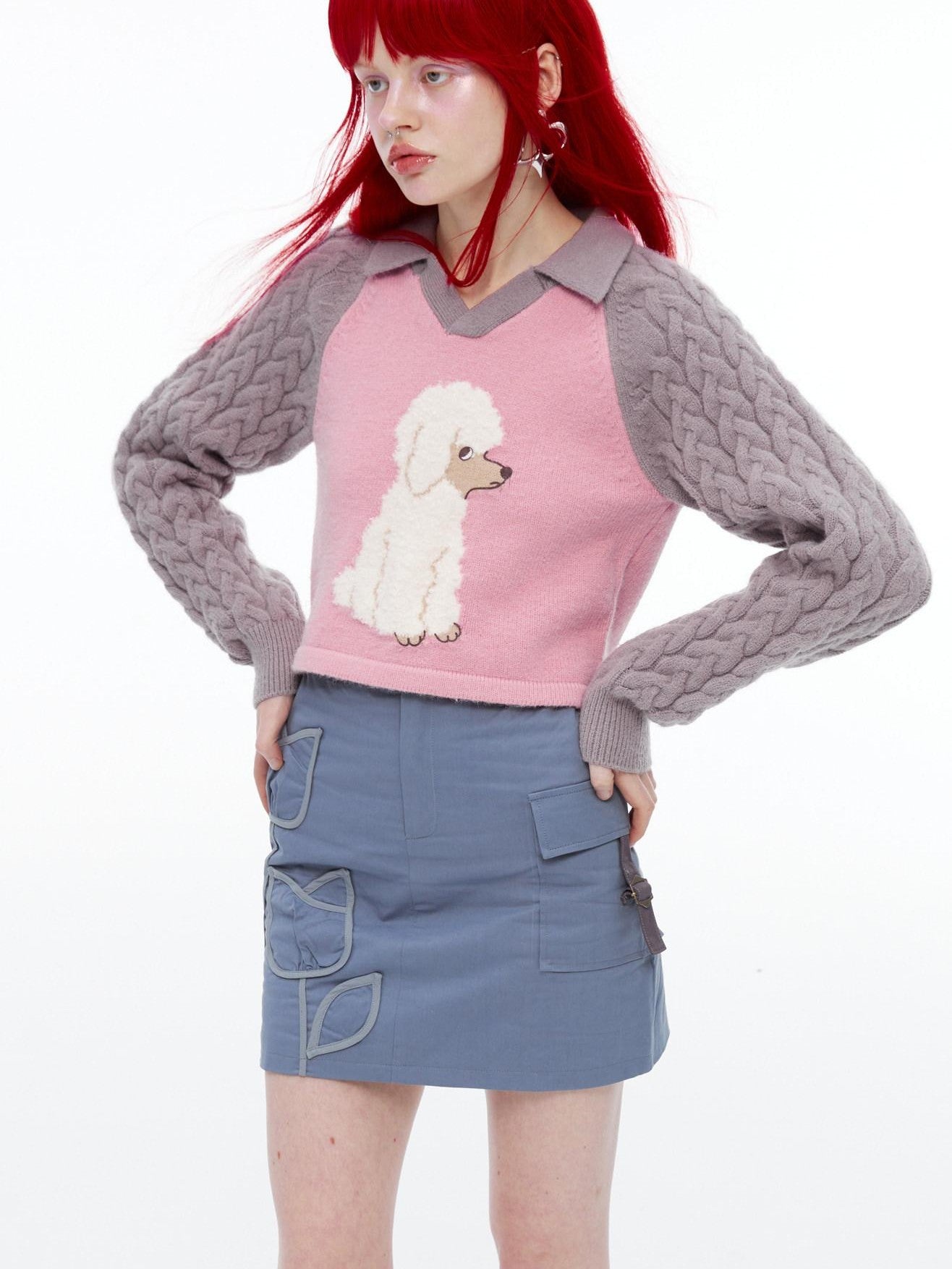 QUORRA S CHORD Pink Ribbed Raglan High Waist White Eyed Poodle Graphic Women&