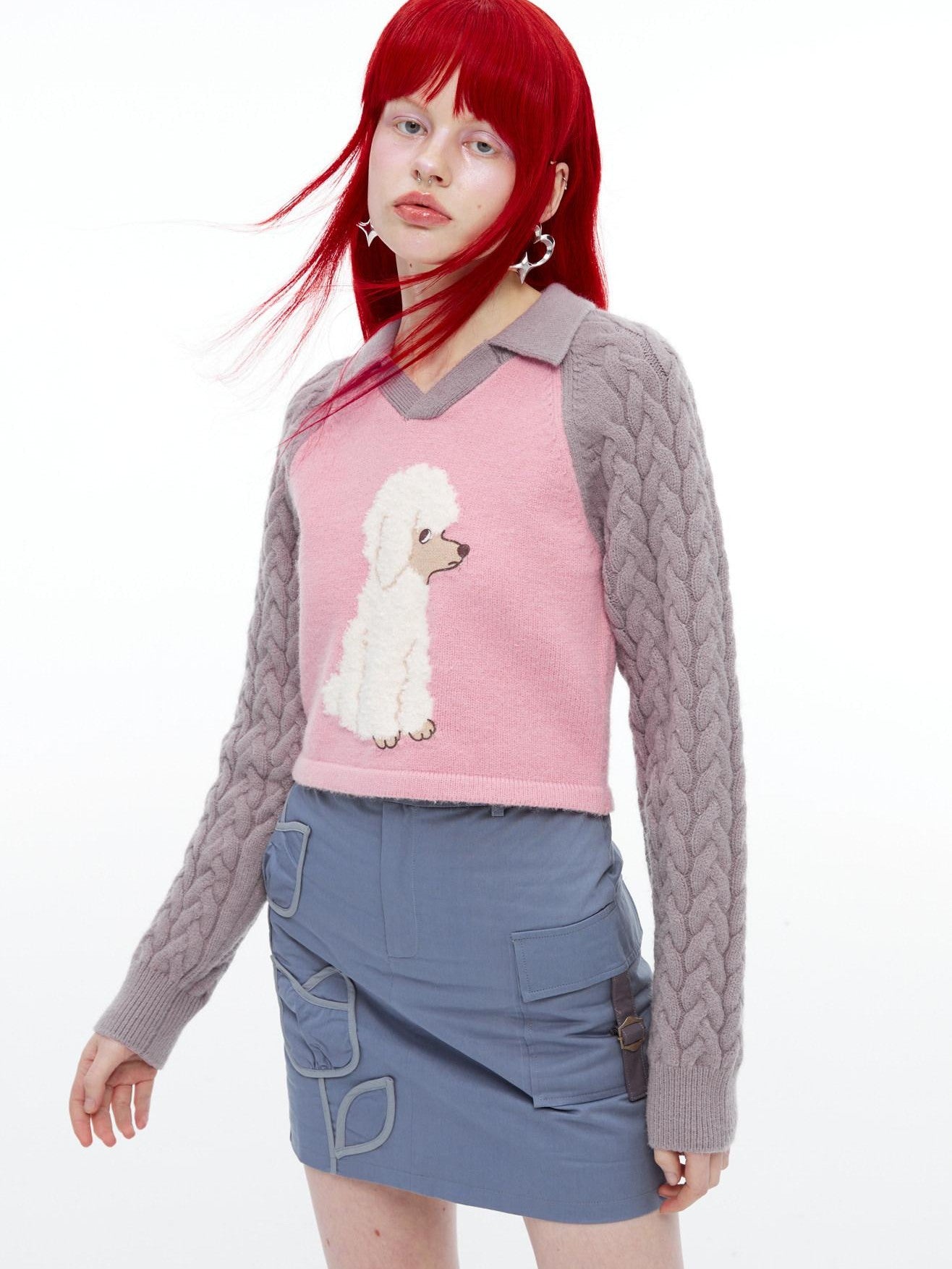 QUORRA S CHORD Pink Ribbed Raglan High Waist White Eyed Poodle Graphic Women&
