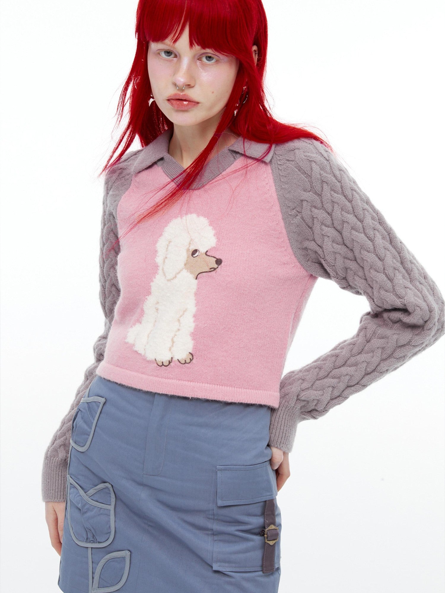 QUORRA S CHORD Pink Ribbed Raglan High Waist White Eyed Poodle Graphic Women&