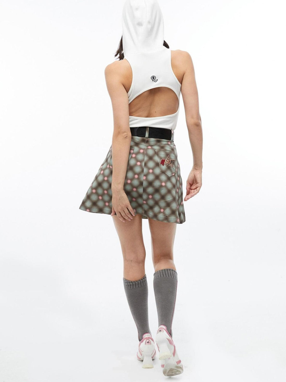 QUORRA S CHORD Plaid Rivet Eyelet High Waist A Line Women&