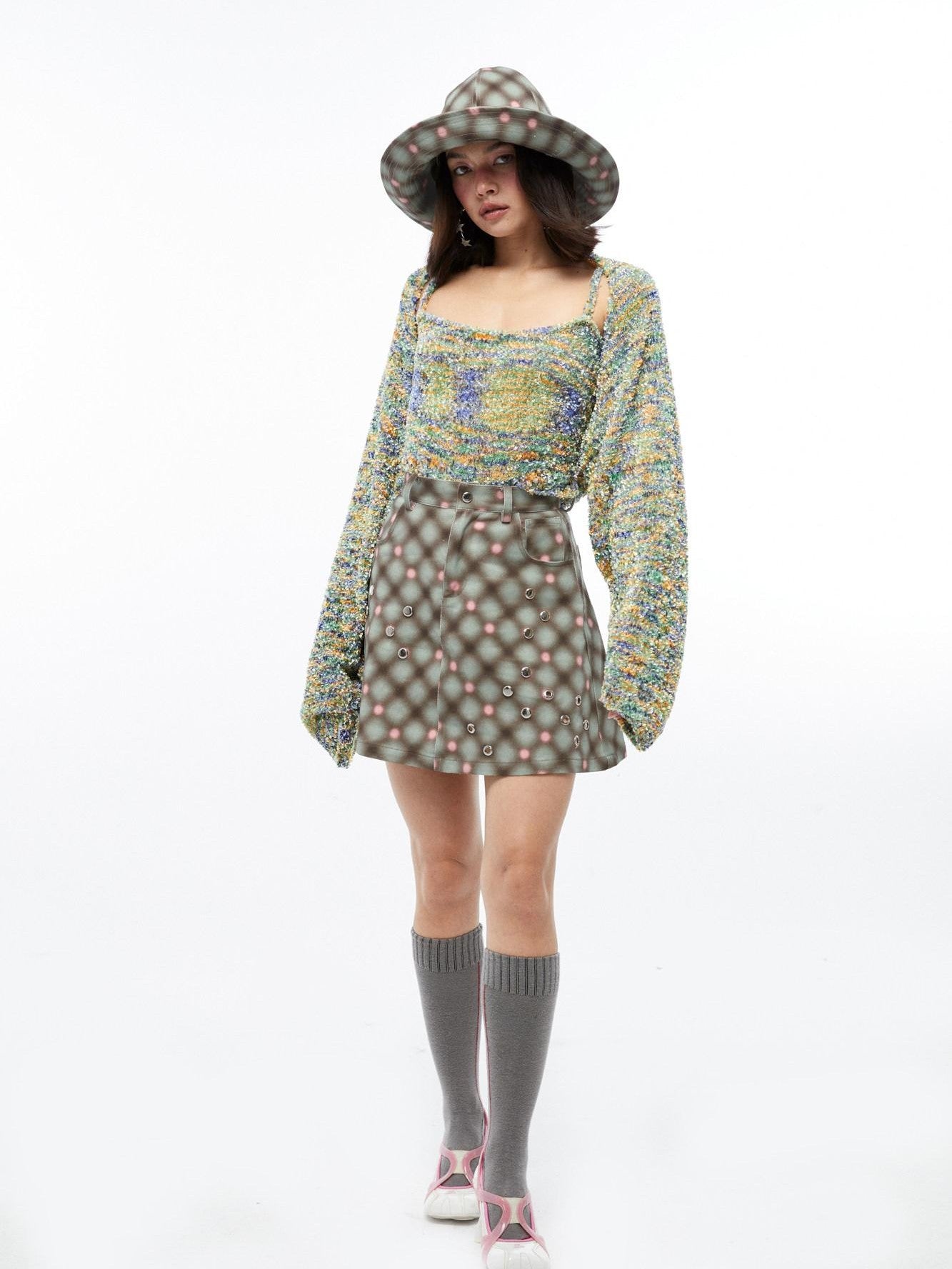 QUORRA S CHORD Plaid Rivet Eyelet High Waist A Line Women&