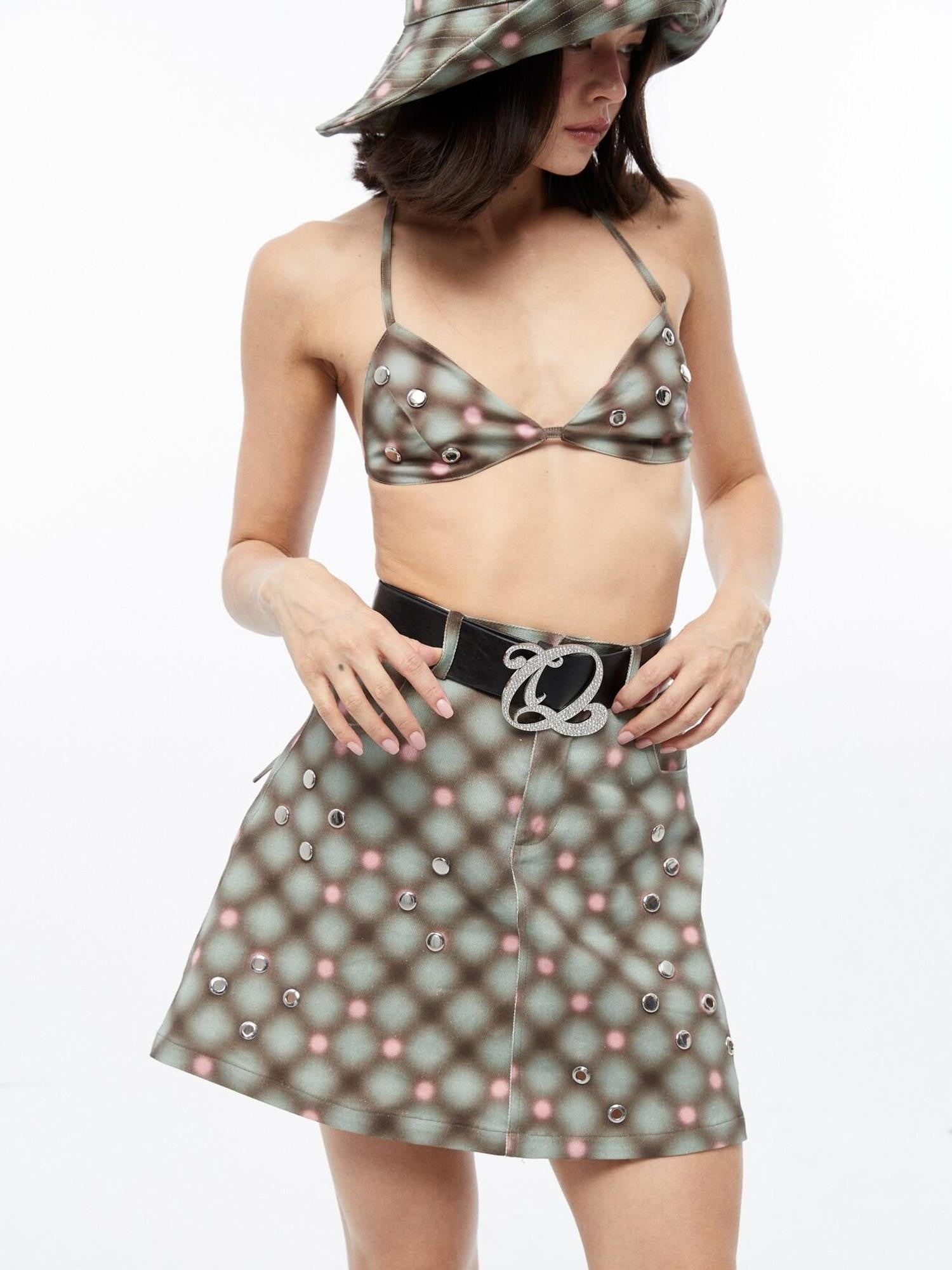 QUORRA S CHORD Plaid Rivet Eyelet High Waist A Line Women&