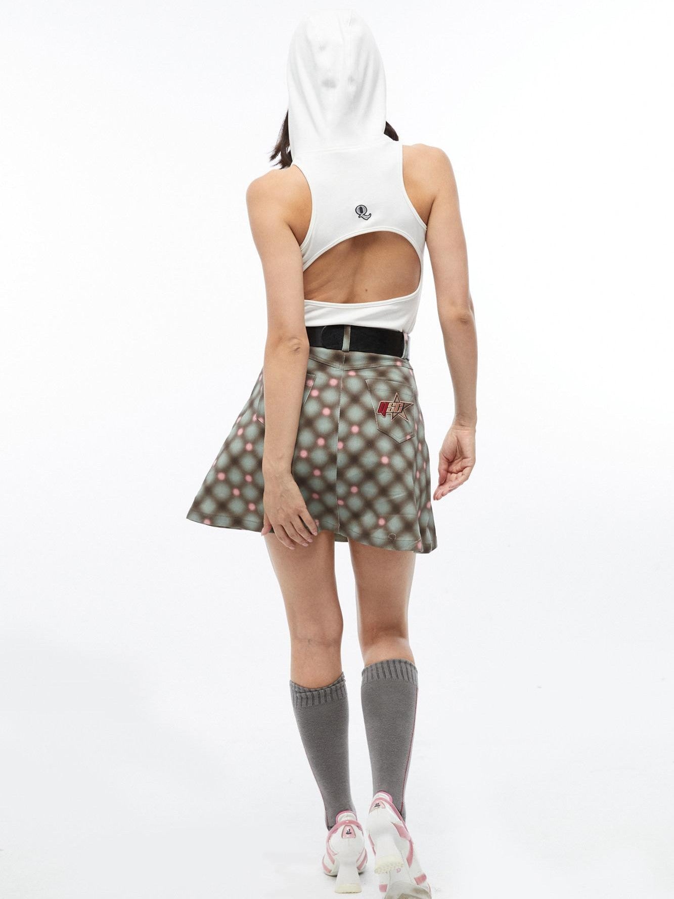QUORRA S CHORD Plaid Rivet Eyelet High Waist A Line Women&