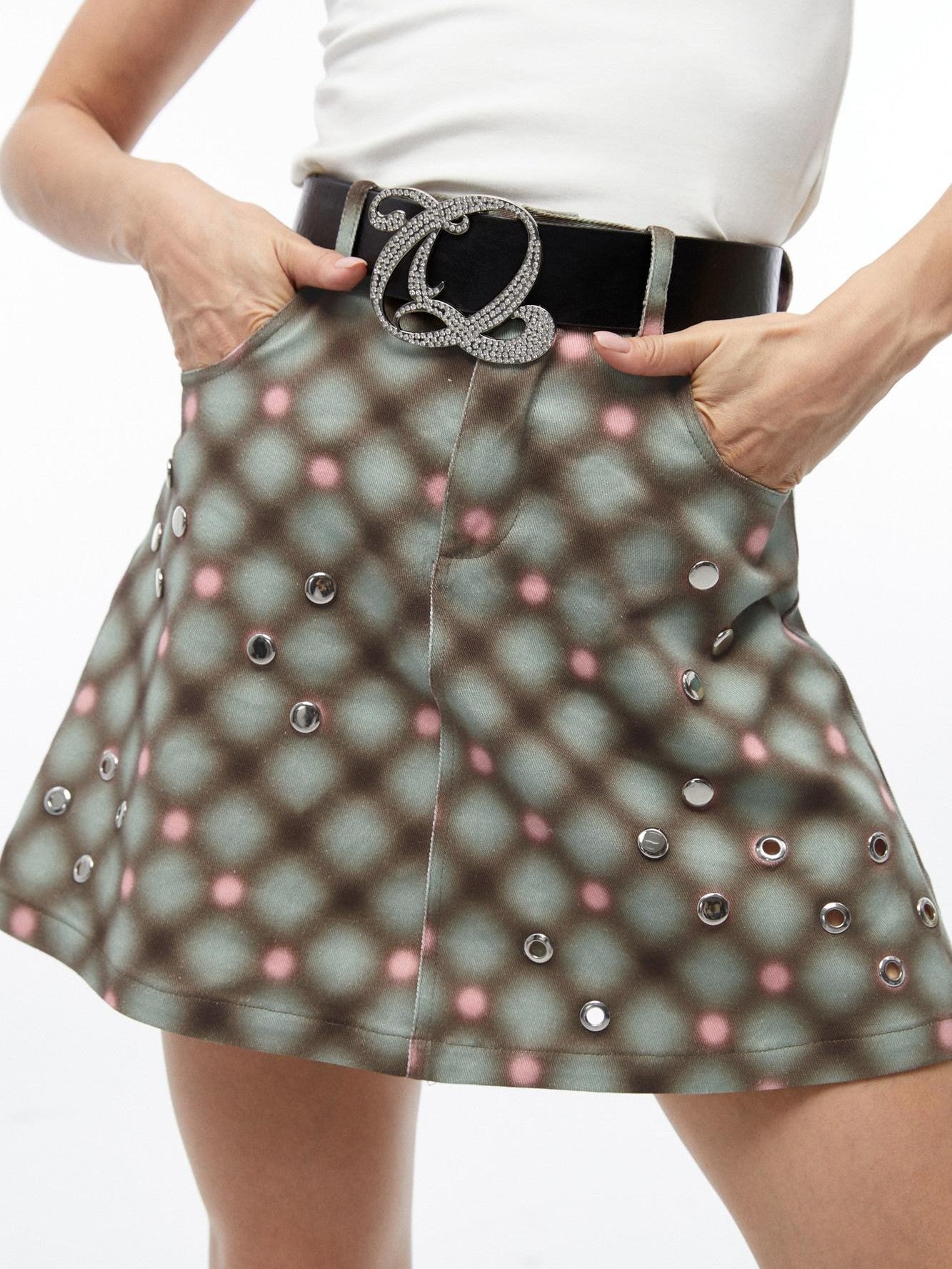 QUORRA S CHORD Plaid Rivet Eyelet High Waist A Line Women&
