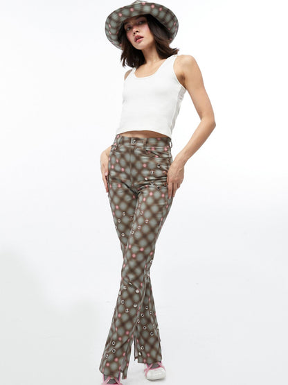 QUORRA S CHORD Plaid Rivet Eyelet Side Slit Micro Flare Women&