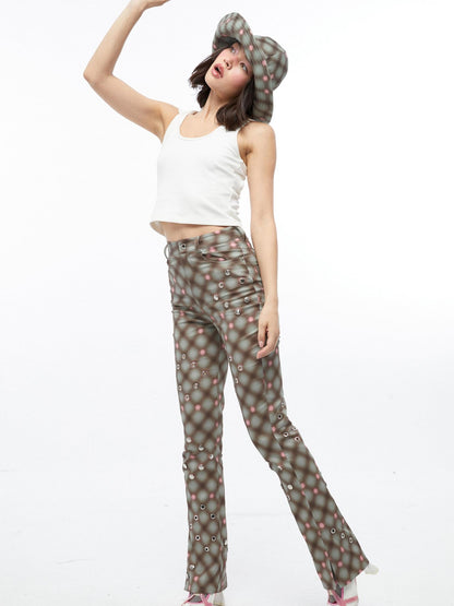 QUORRA S CHORD Plaid Rivet Eyelet Side Slit Micro Flare Women&