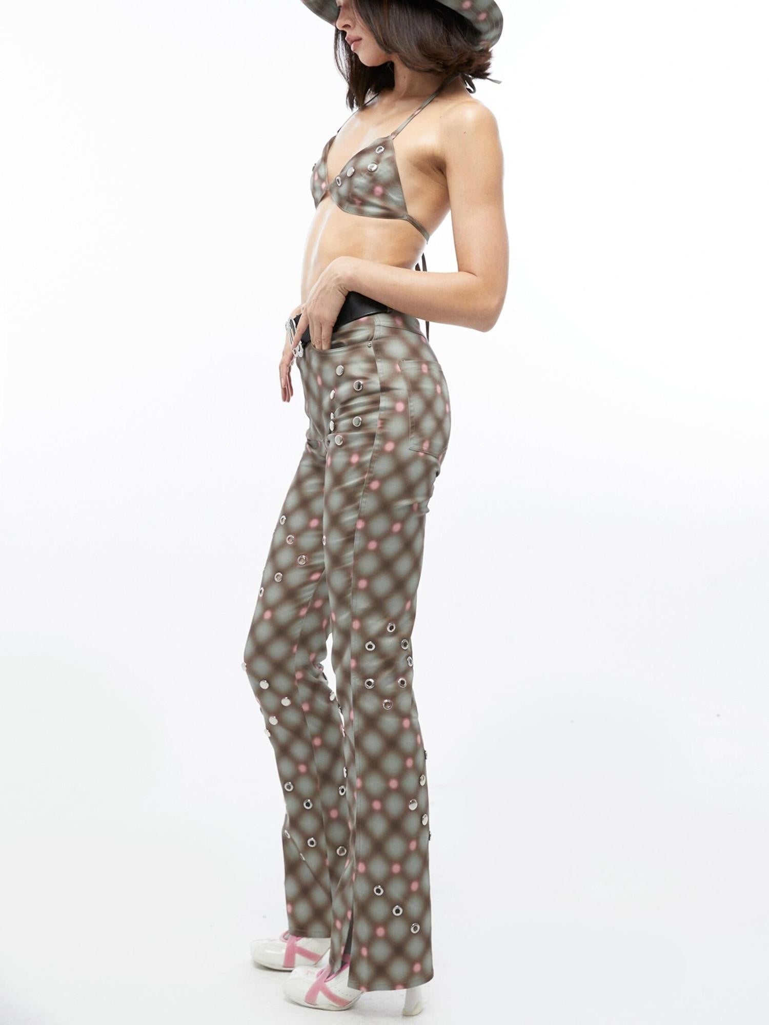 QUORRA S CHORD Plaid Rivet Eyelet Side Slit Micro Flare Women&
