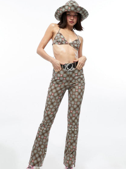 QUORRA S CHORD Plaid Rivet Eyelet Side Slit Micro Flare Women&