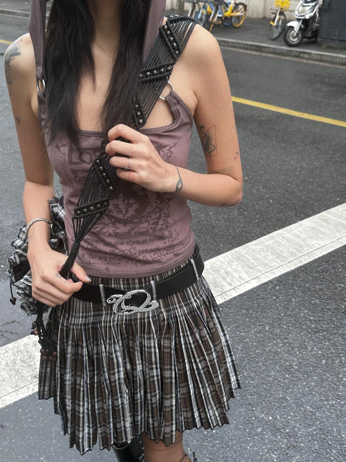 QUORRA S CHORD Plaid Ruffle Pleated Lace Tassel Flowerbud Crossbody Women&