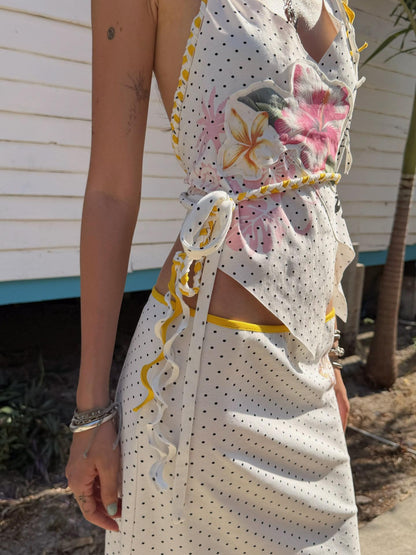 QUORRA S CHORD Polka Dot Colorblock Hibiscus Rhinestone Double Slit Women&