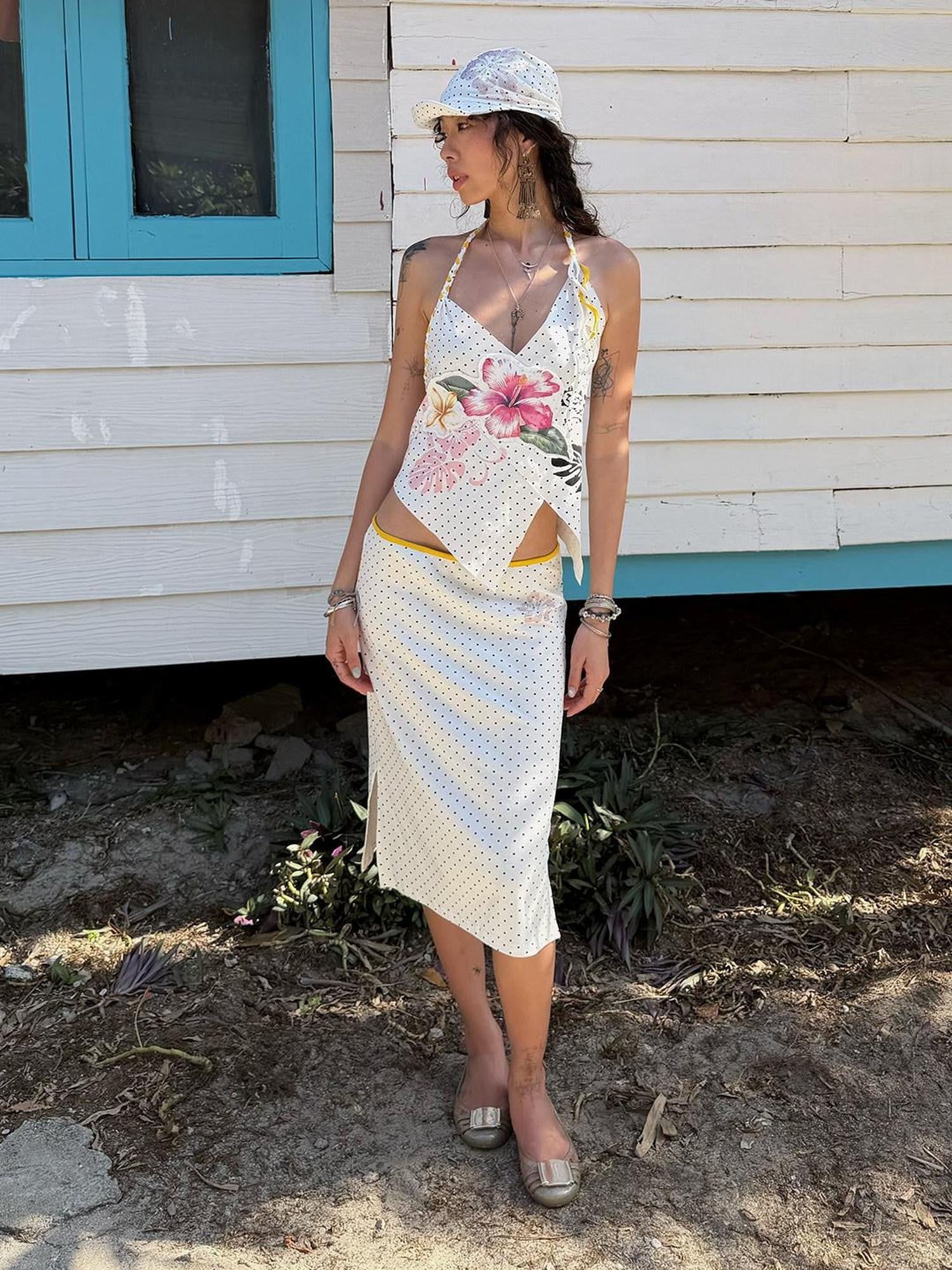 QUORRA S CHORD Polka Dot Colorblock Hibiscus Rhinestone Double Slit Women&
