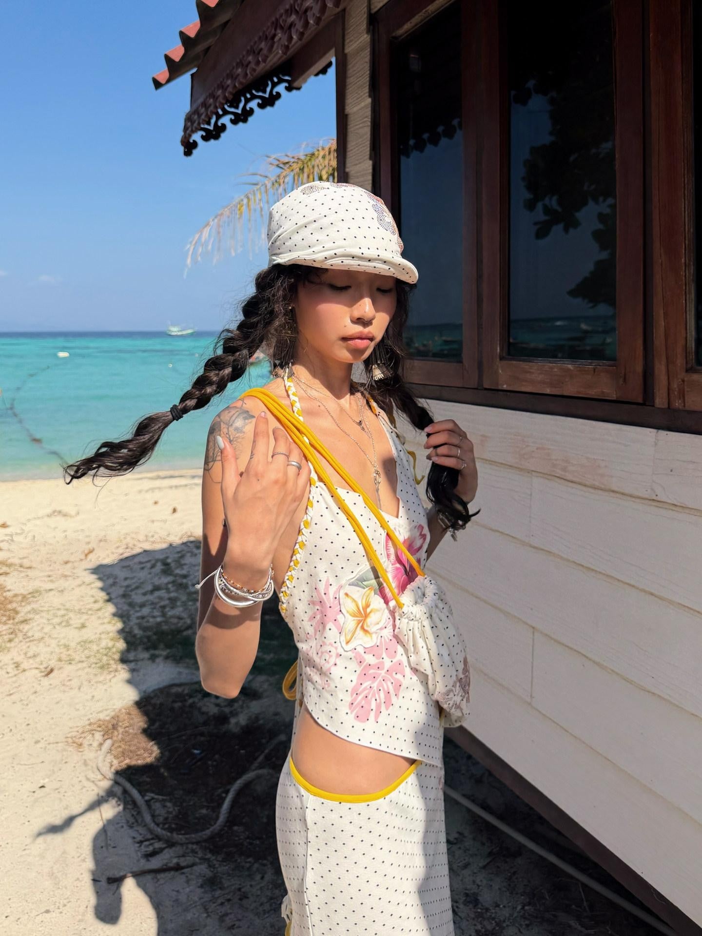 QUORRA S CHORD Polka Dot Hibiscus Patchwork Braided Tie Women&