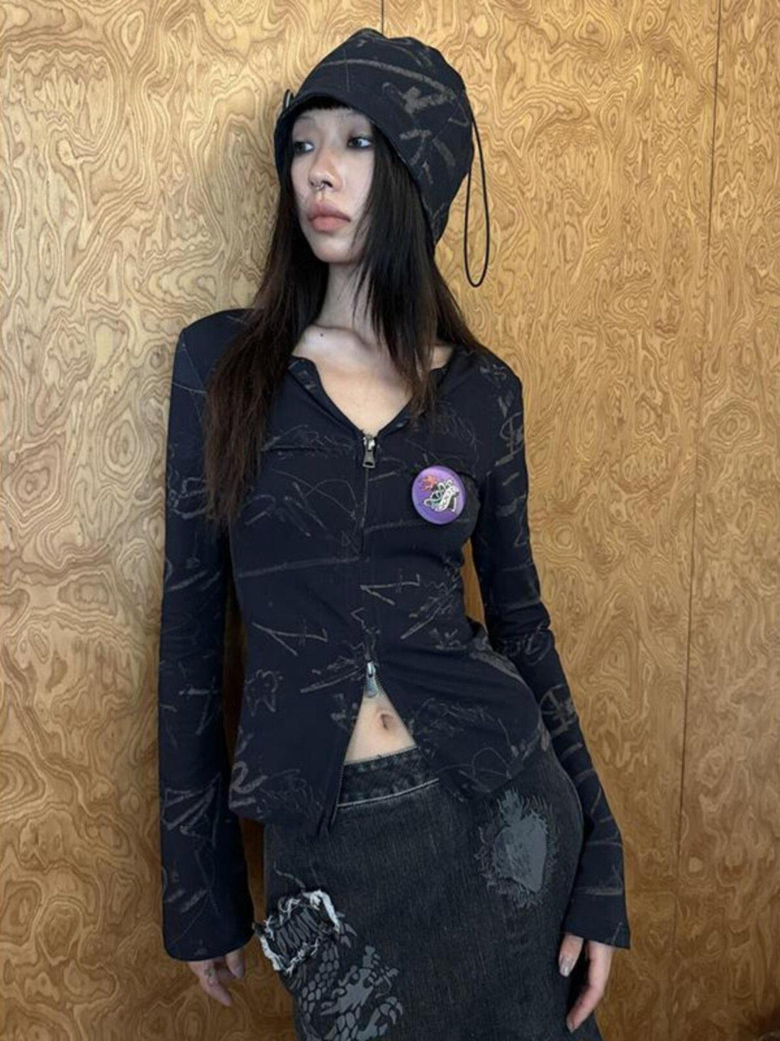 QUORRA S CHORD Punk Graffiti Zipper V-neck Bell Sleeve Long Sleeve Women&