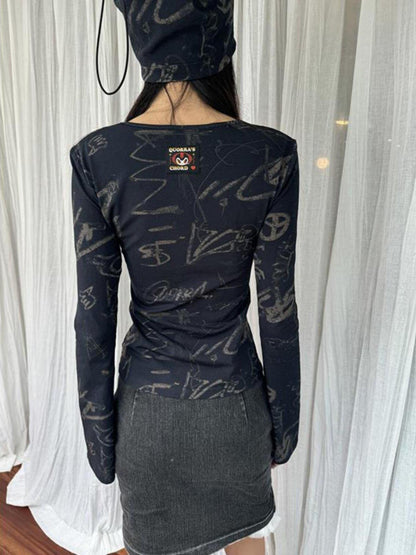 QUORRA S CHORD Punk Graffiti Zipper V-neck Bell Sleeve Long Sleeve Women&
