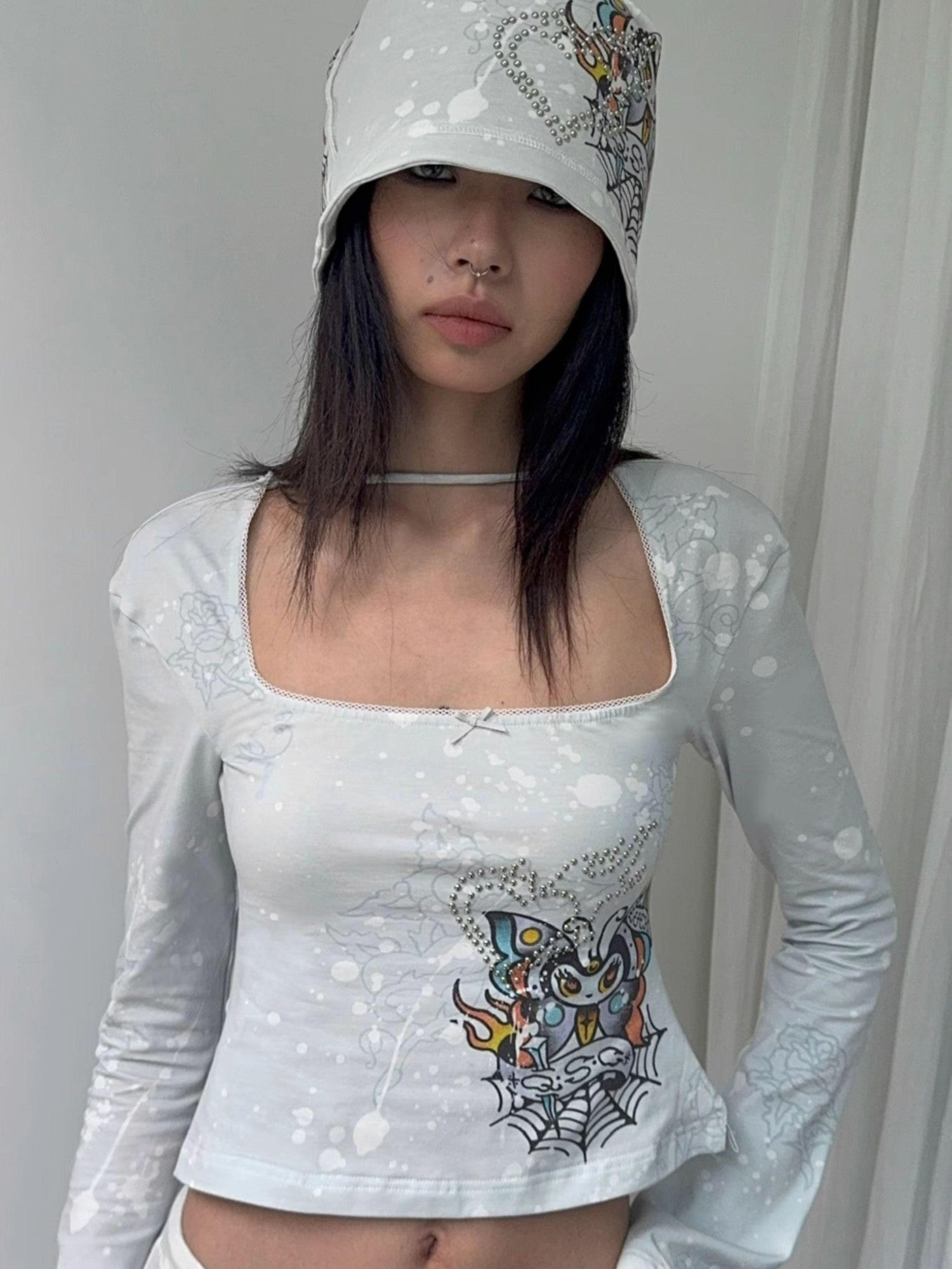 QUORRA S CHORD Punk Thorn Rose Handpainted Square Neck Women&