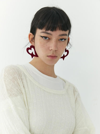 QUORRA S CHORD Red Flocked 3d Printed Heart Shaped Stud Women&
