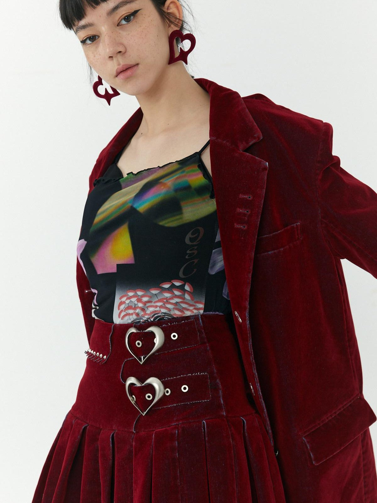 QUORRA S CHORD Red Flocked 3d Printed Heart Shaped Stud Women&