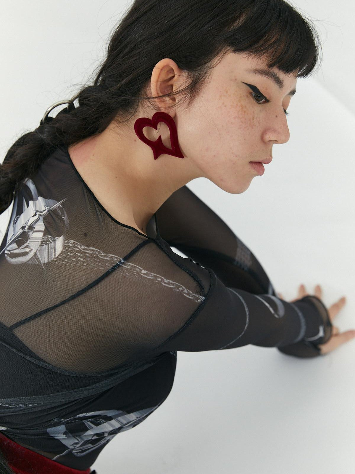 QUORRA S CHORD Red Flocked 3d Printed Heart Shaped Stud Women&