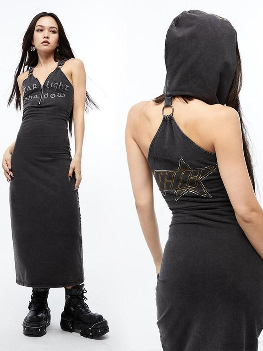 QUORRA S CHORD Rhinestone Hooded Backless Slit Women&