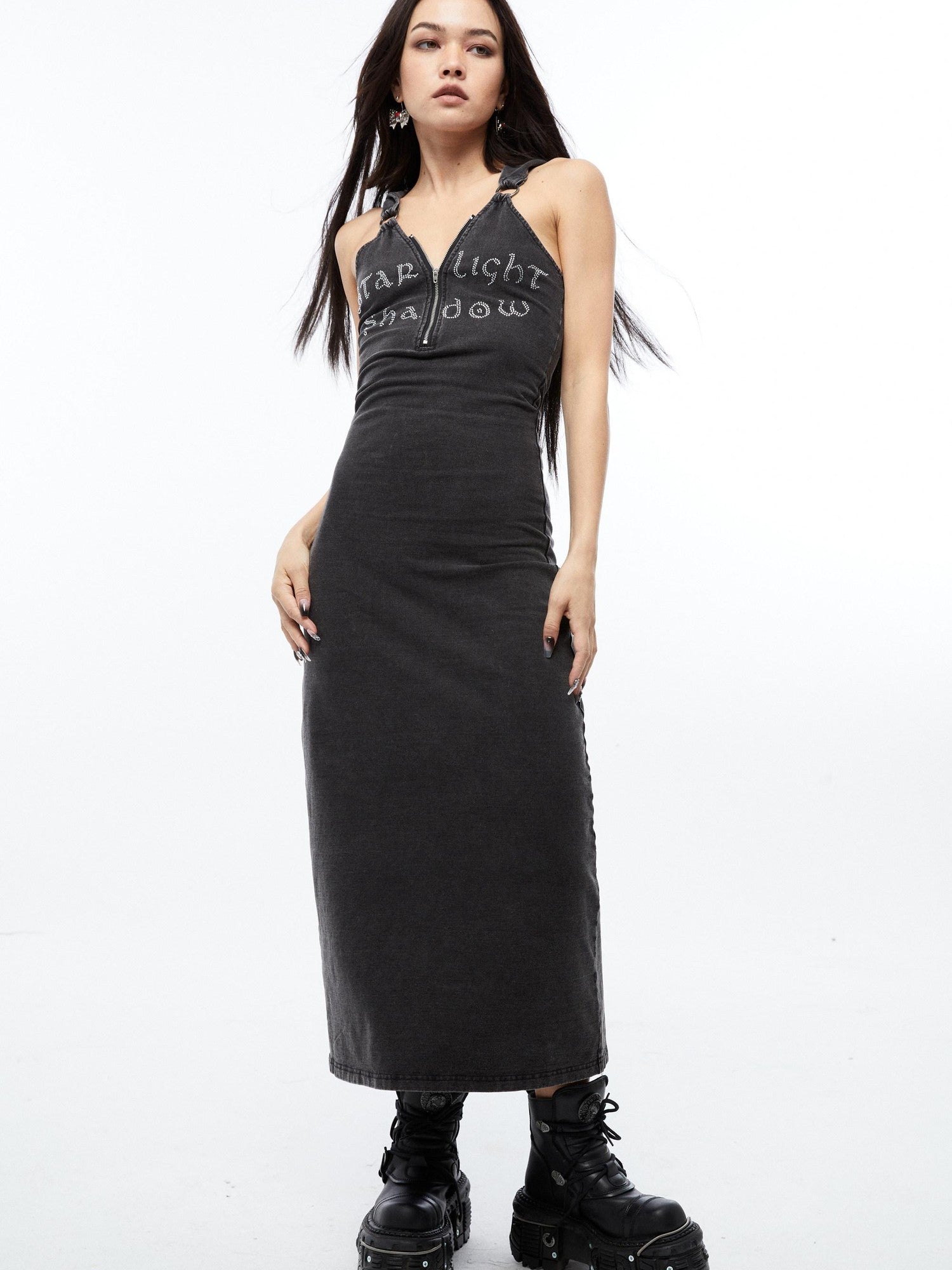 QUORRA S CHORD Rhinestone Hooded Backless Slit Women&