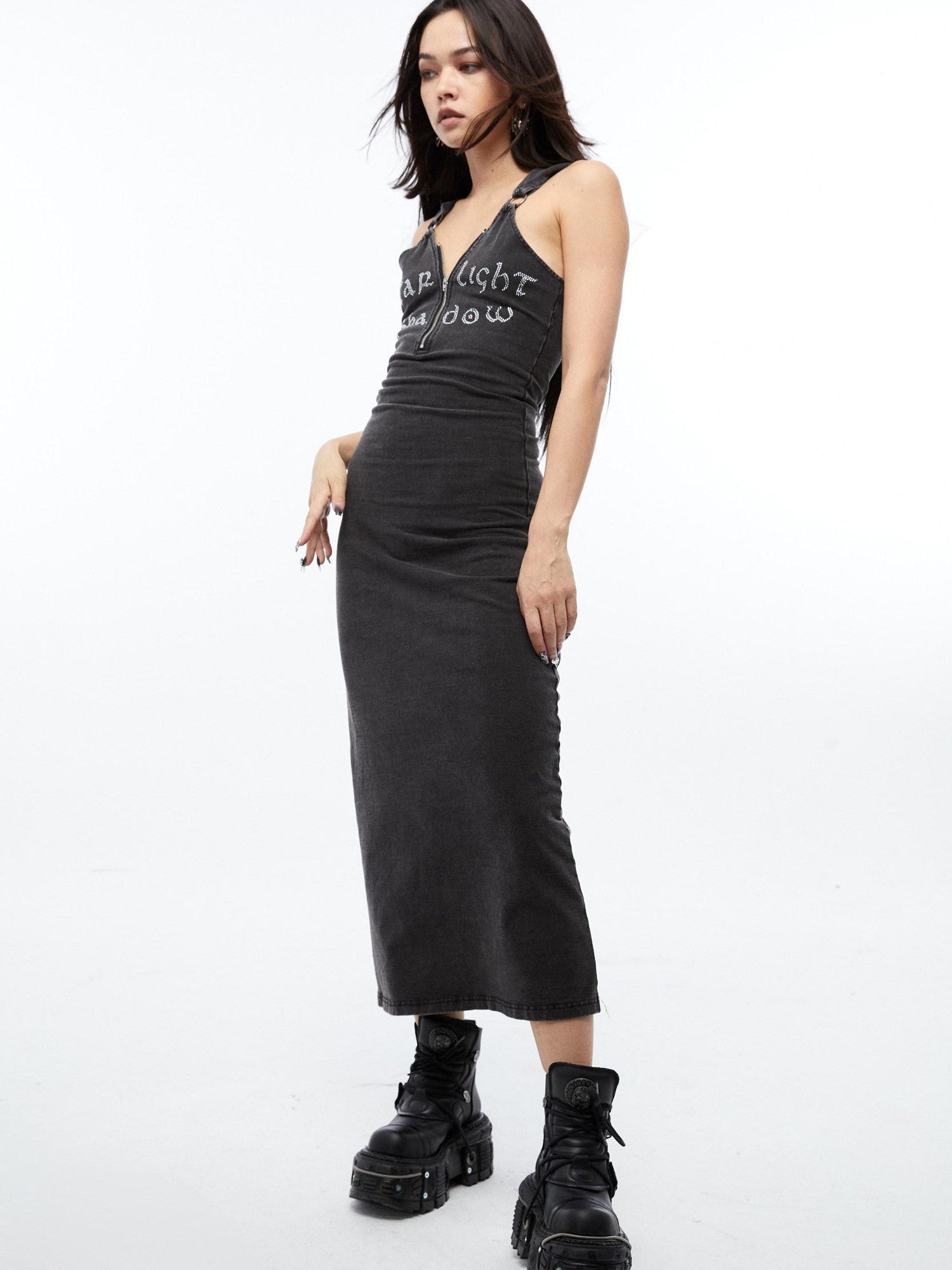 QUORRA S CHORD Rhinestone Hooded Backless Slit Women&