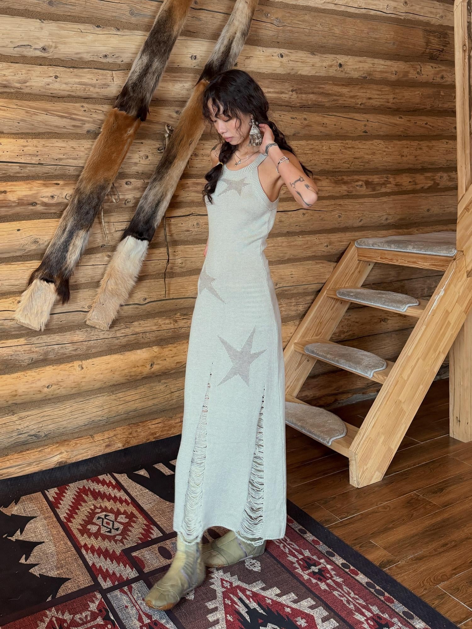 QUORRA S CHORD Sage Green Star Jacquard Cutout Hem Women&